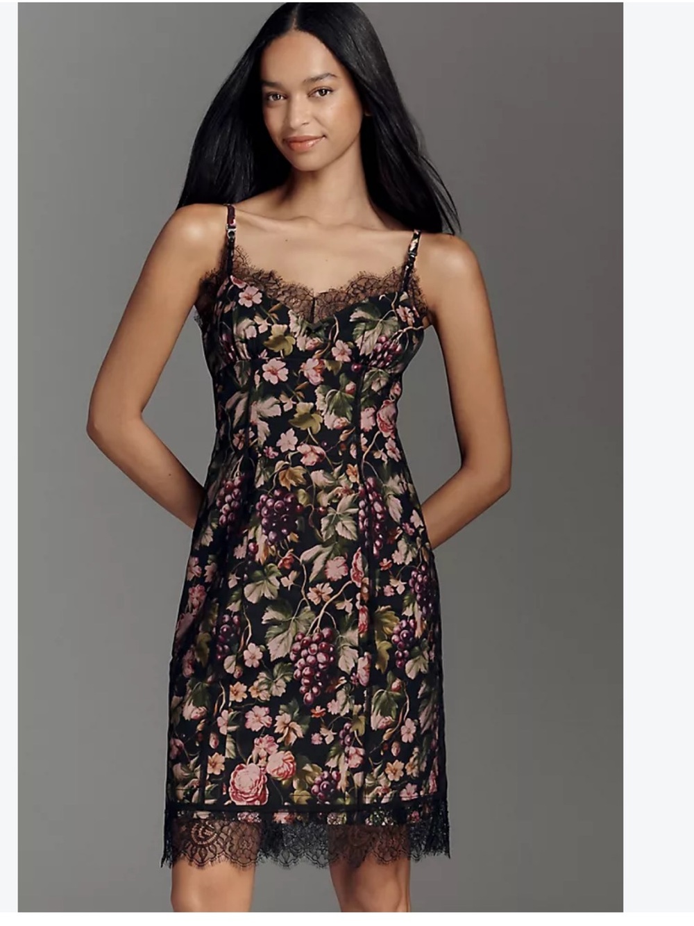 Maeve Black Floral & Grape with Mesh Overlay & Lace-Trim Mini Dress size XL